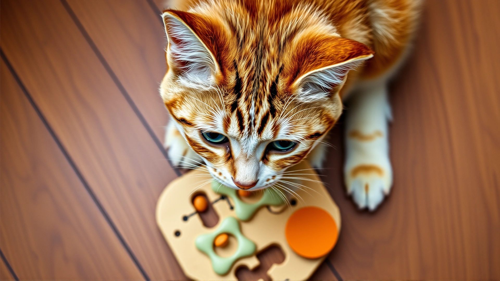 Curious cat solving a treat puzzle toy on a wooden floor; top-down view