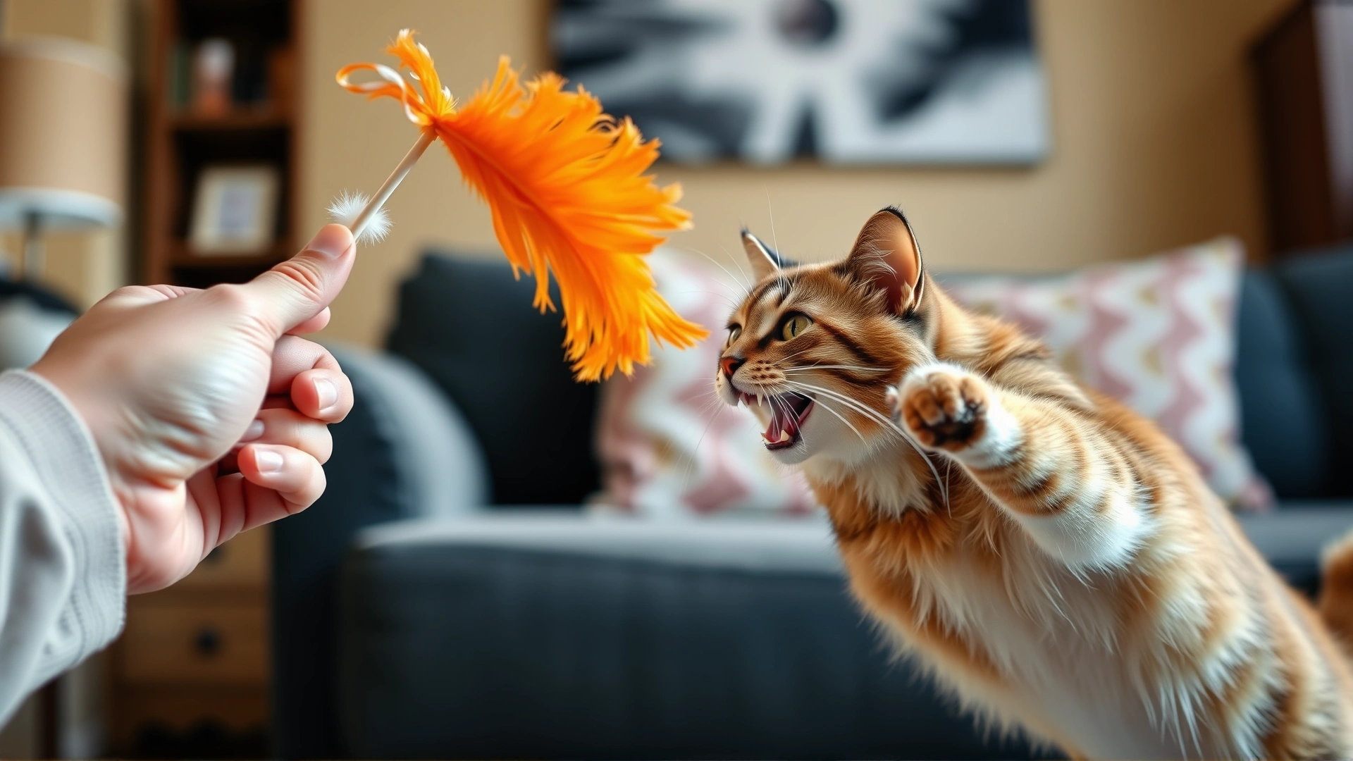 Person’s hand holding a feather wand toy while an adult cat pounces and swats at it, living room setting.