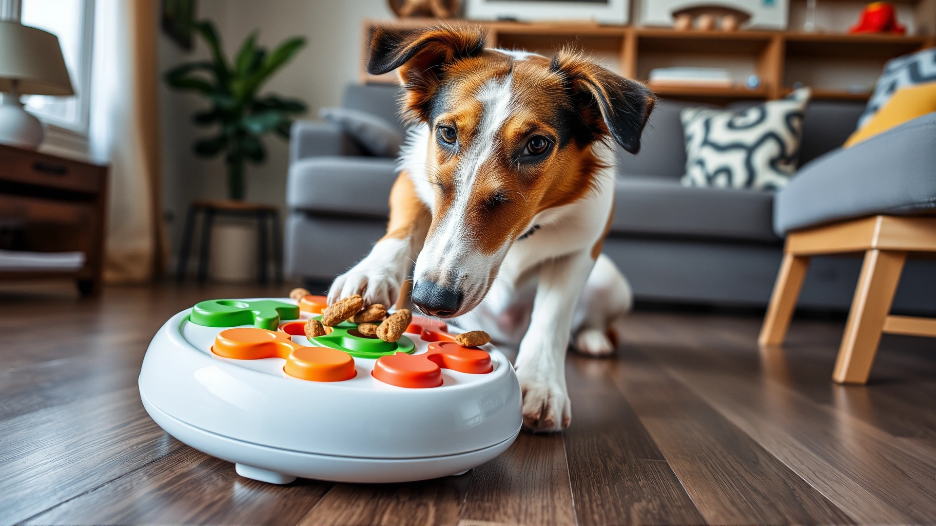 Dog in a living room interacting with a colorful puzzle toy designed to dispense treats, demonstrating mental stimulation and engagement