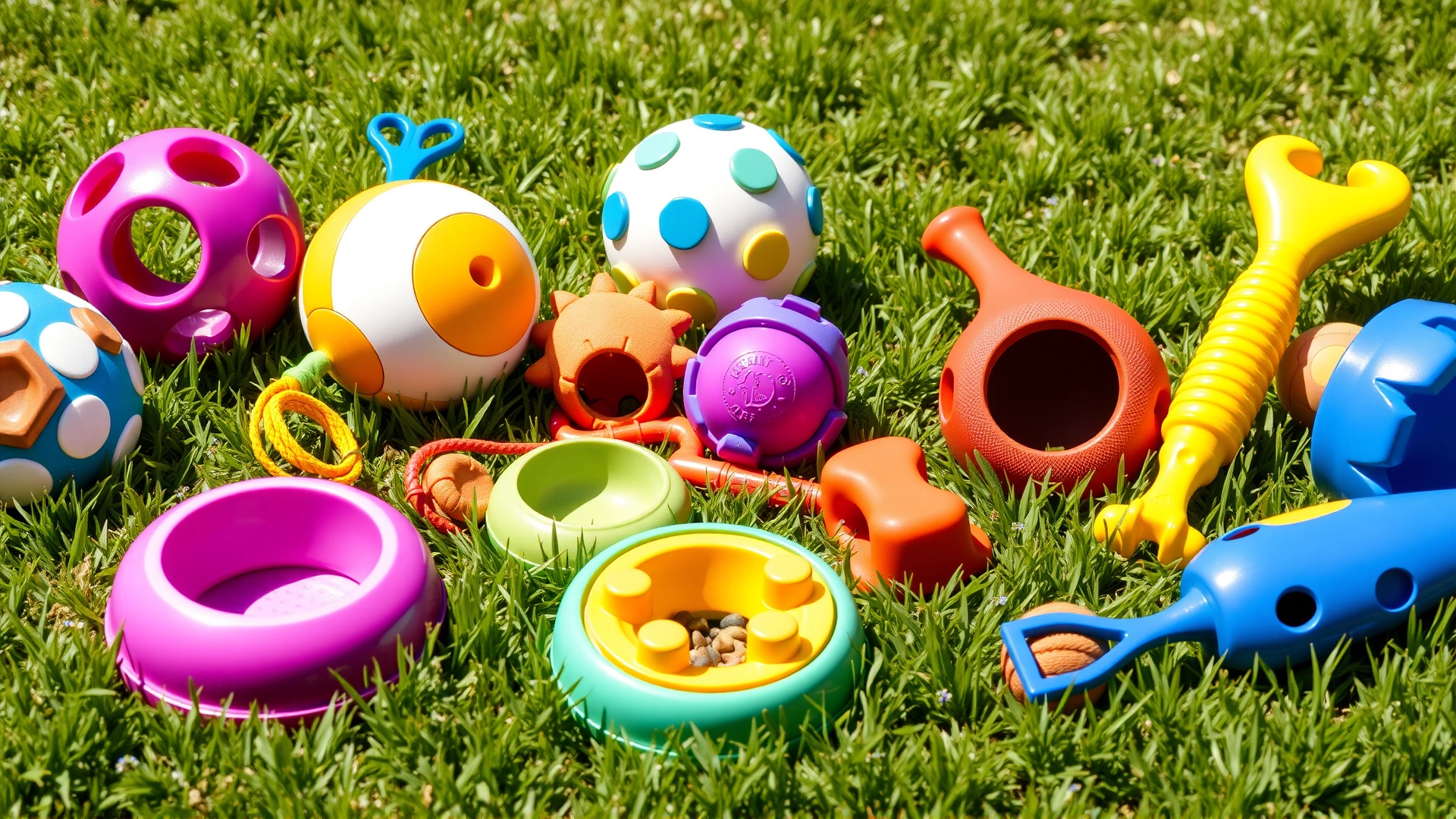 A colorful assortment of interactive dog toys and puzzle feeders laid out on fresh green grass under bright daylight, no text