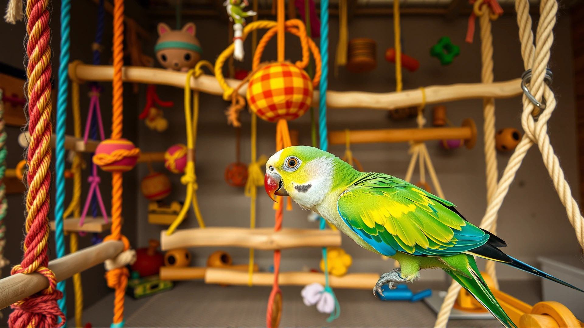 Wide shot of a play gym filled with colorful ropes, foraging toys, and wooden swings with a happy parakeet exploring.