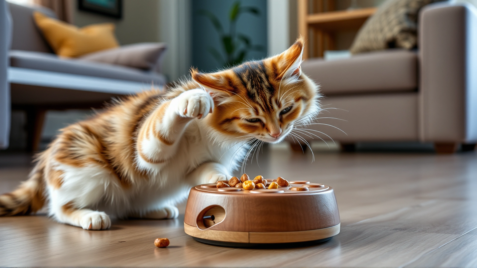 Playful cat batting at a treat-dispensing puzzle toy on a living room floor, natural daylight.
