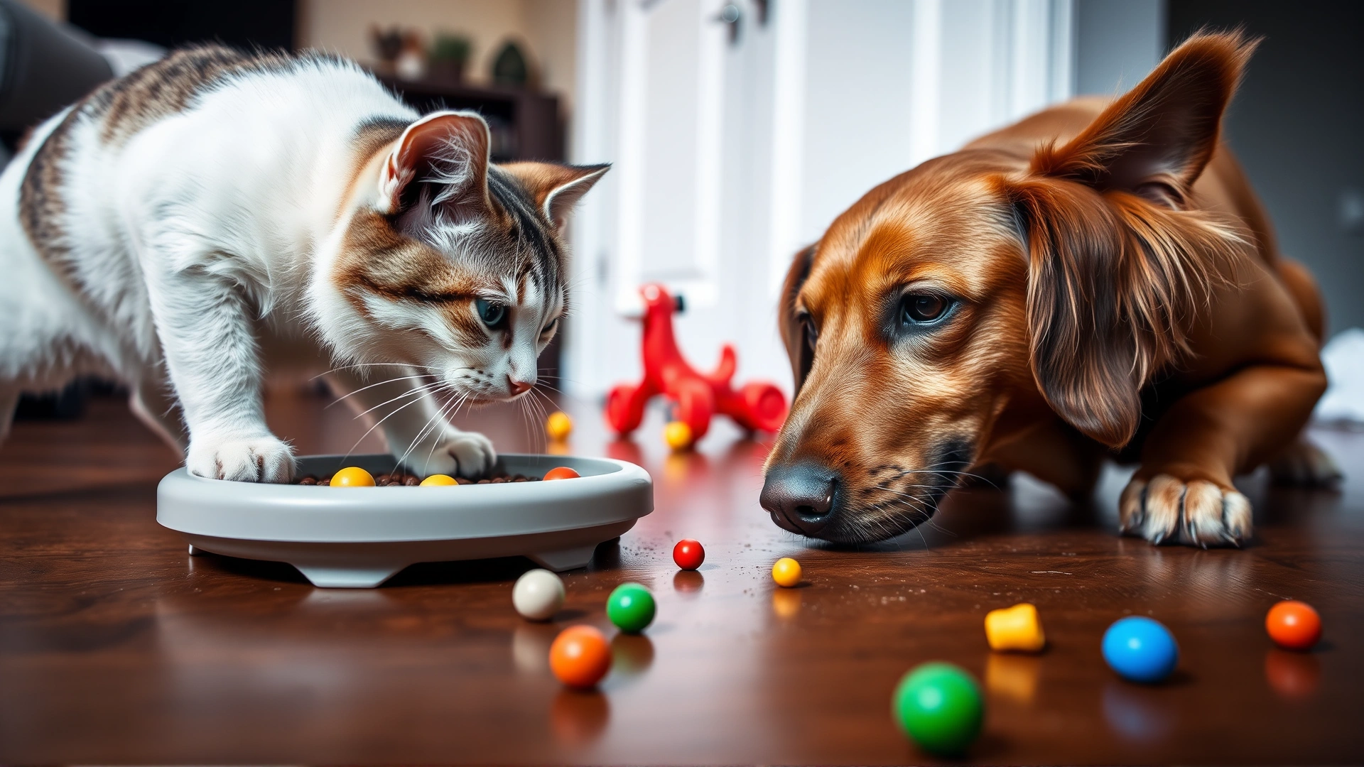 Close-up of a cat and a dog engaging with separate puzzle feeders on a hardwood floor, colorful toys and natural daylight