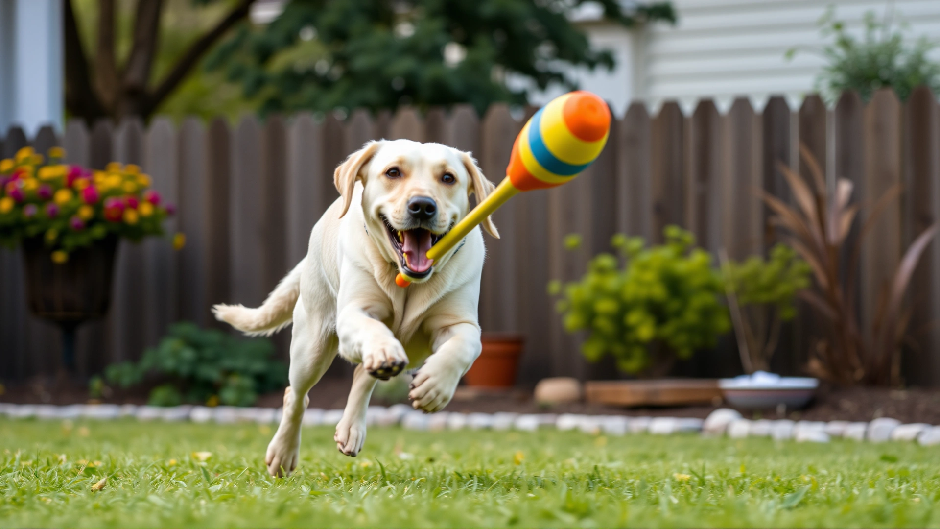 Labrador Retriever joyfully chasing a flirt pole toy in a fenced backyard, motion blur on toy, no text