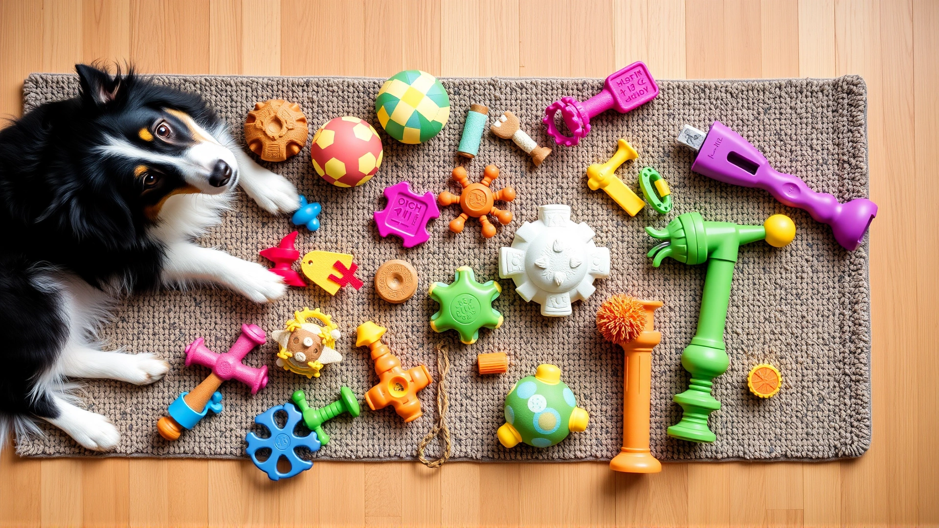 Flat lay of various colorful puzzle toys and chew toys neatly arranged on a rug next to a relaxed Border Collie.