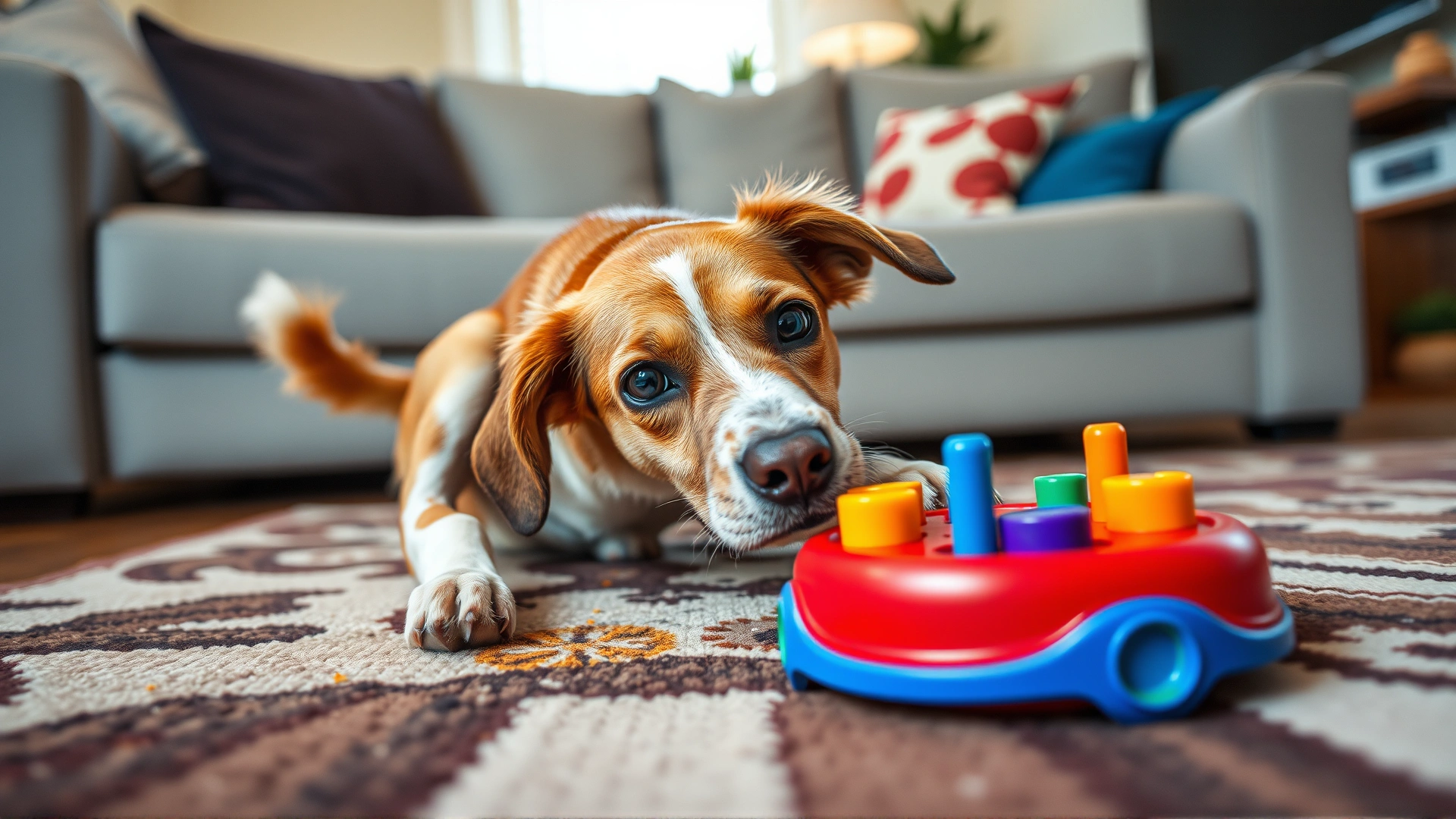 Close-up shot of a dog using a colorful puzzle feeder toy on a living room floor