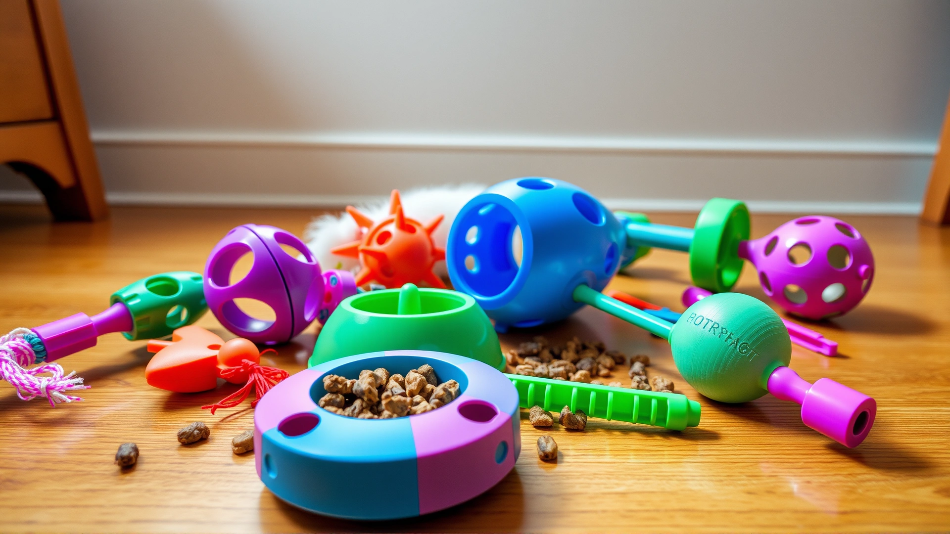 Assortment of colorful interactive cat toys (puzzle feeder, wand toy, treat ball) scattered on hardwood floor; bright overhead lighting