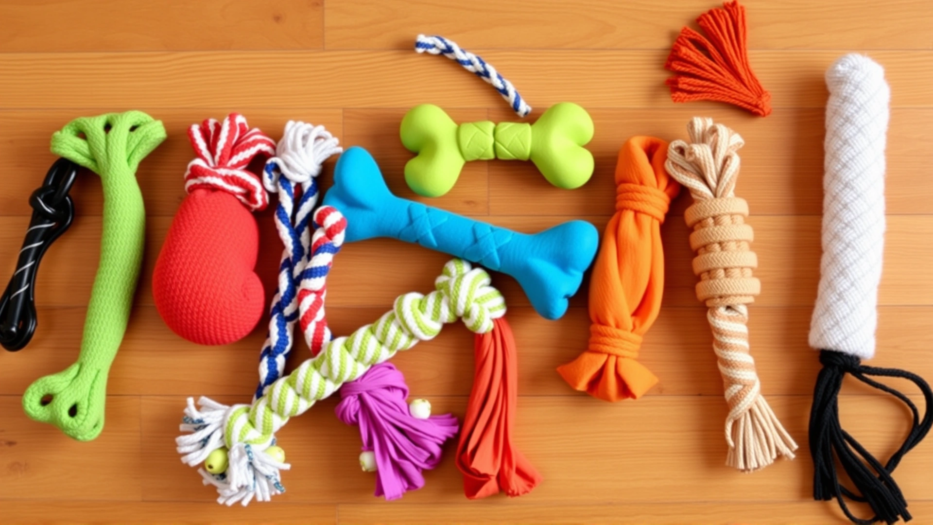 Variety of colorful, durable dog chew toys (rubber, rope, nylon) neatly arranged on a wooden floor; overhead view.