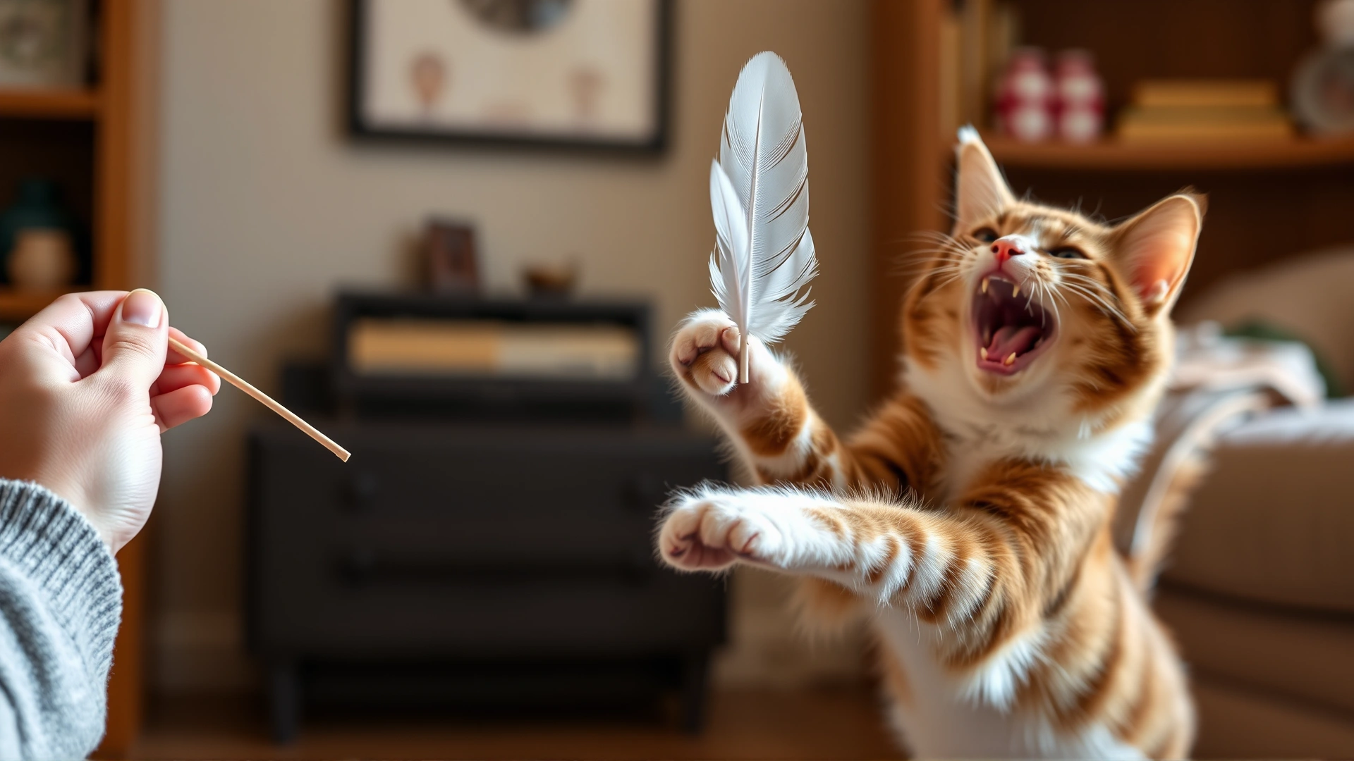 Cat owner’s hand holding a feather wand while an excited cat leaps to catch it, warm indoor lighting
