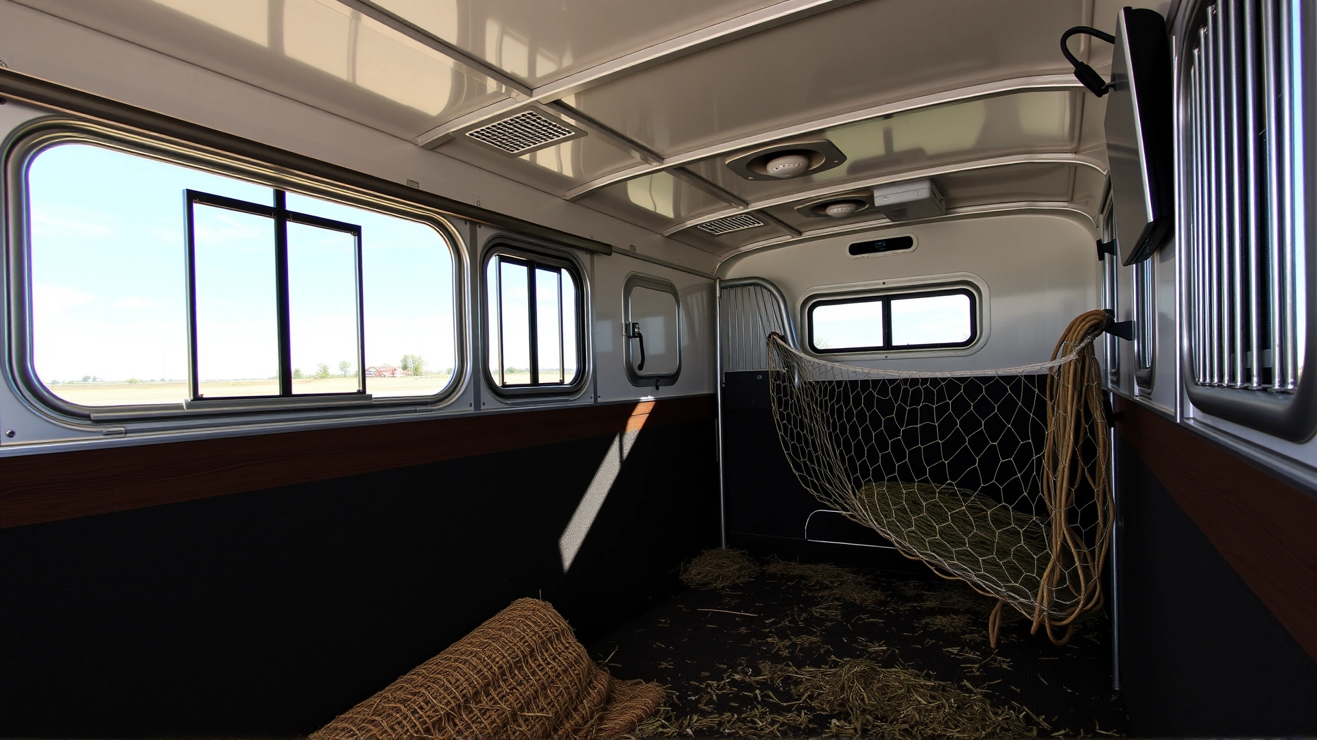 Interior view of a horse trailer showcasing fresh bedding, hay net, and proper ventilation fans.