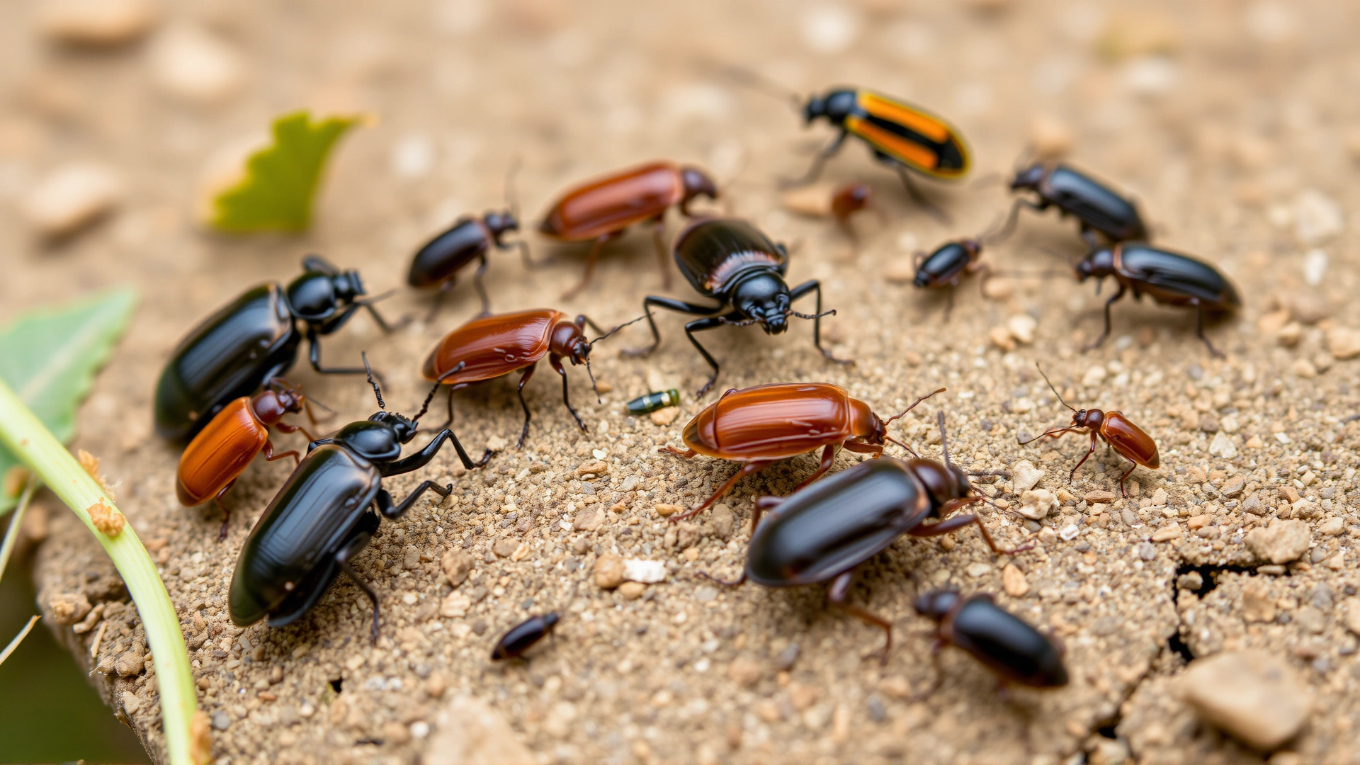 Macro photograph of common insect vectors such as beetles and cockroaches on a natural outdoor surface, illustrating intermediate hosts of Physaloptera