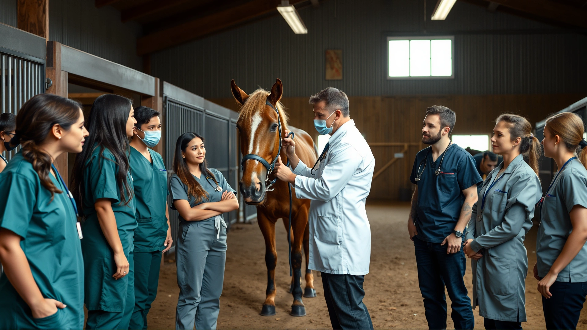 Group of veterinary interns observing a senior vet examining a horse in a spacious barn environment.