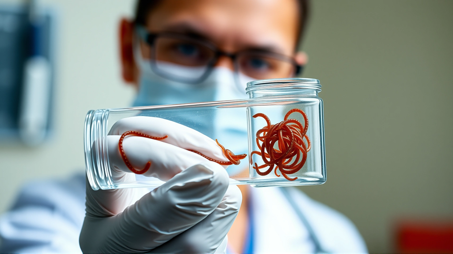 Veterinarian holding a transparent vial showing a sample of feline roundworms, with a blurred clinic background