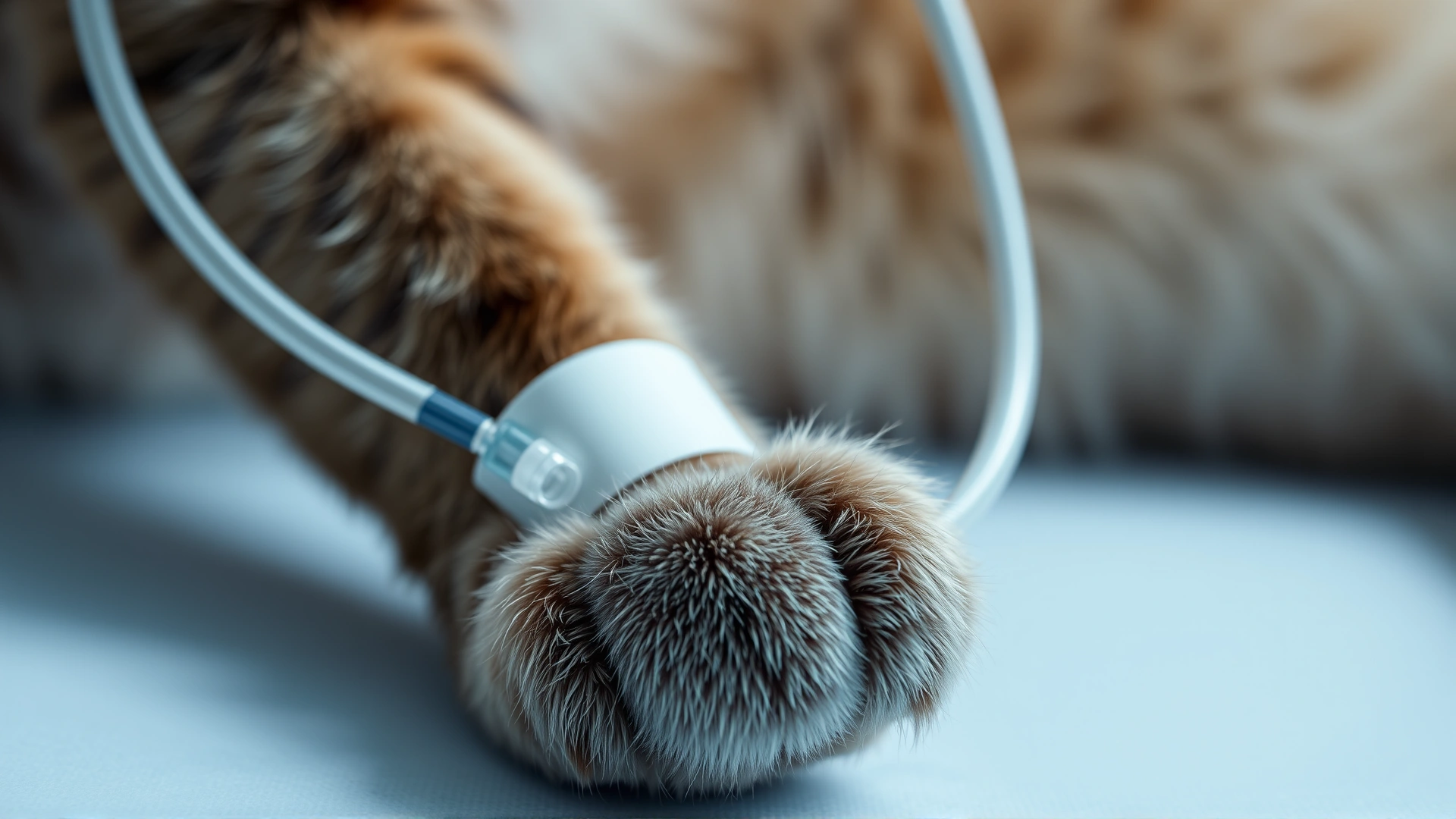 Close-up of a cat’s shaved foreleg fitted with an intravenous catheter and bandage