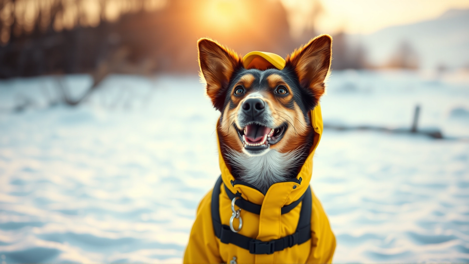 A happy medium-sized dog wearing a bright waterproof winter jacket and standing in a snowy landscape during golden hour; no text