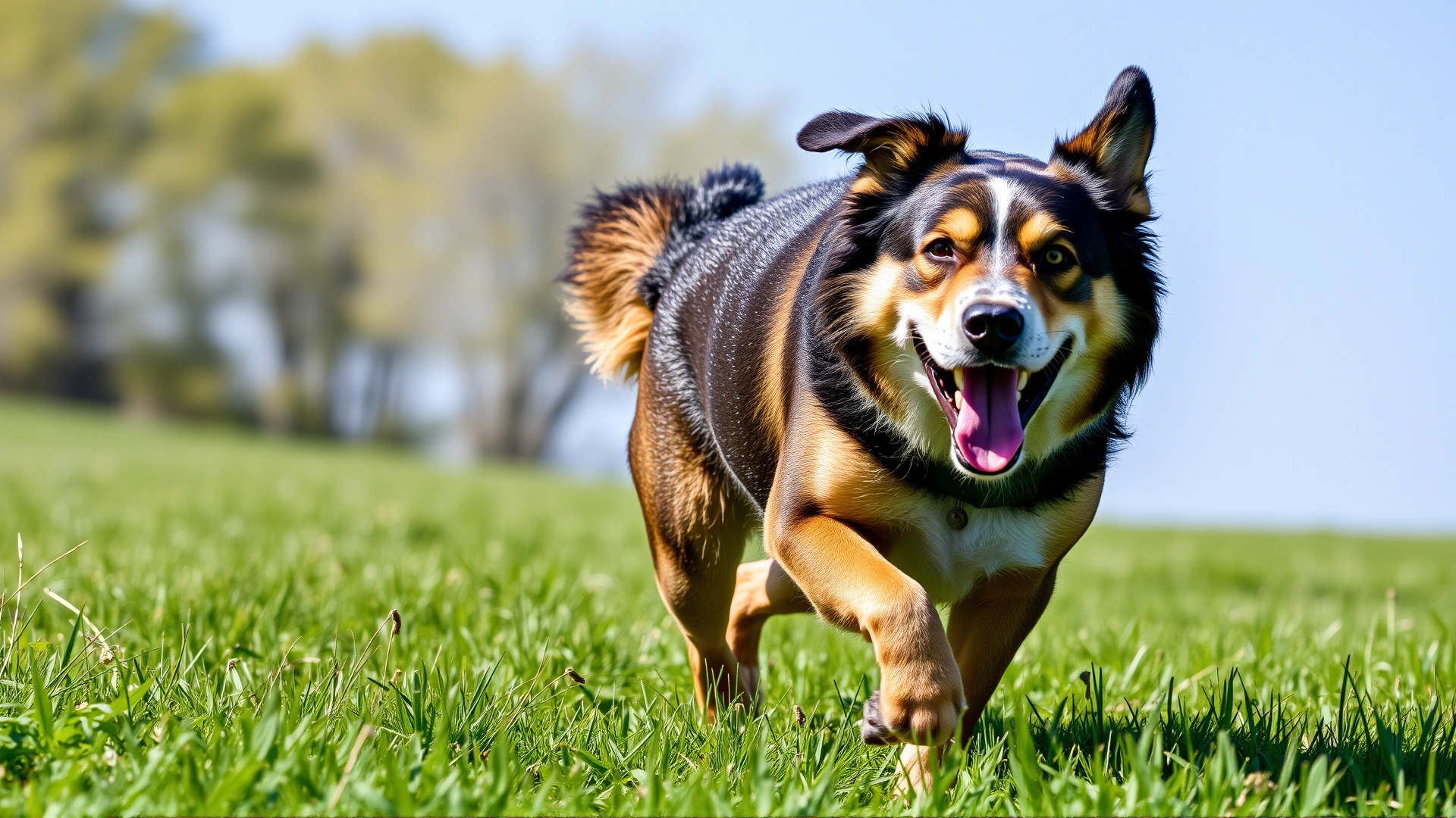 Large breed dog running through a green meadow on a sunny day, conveying energy and vitality.