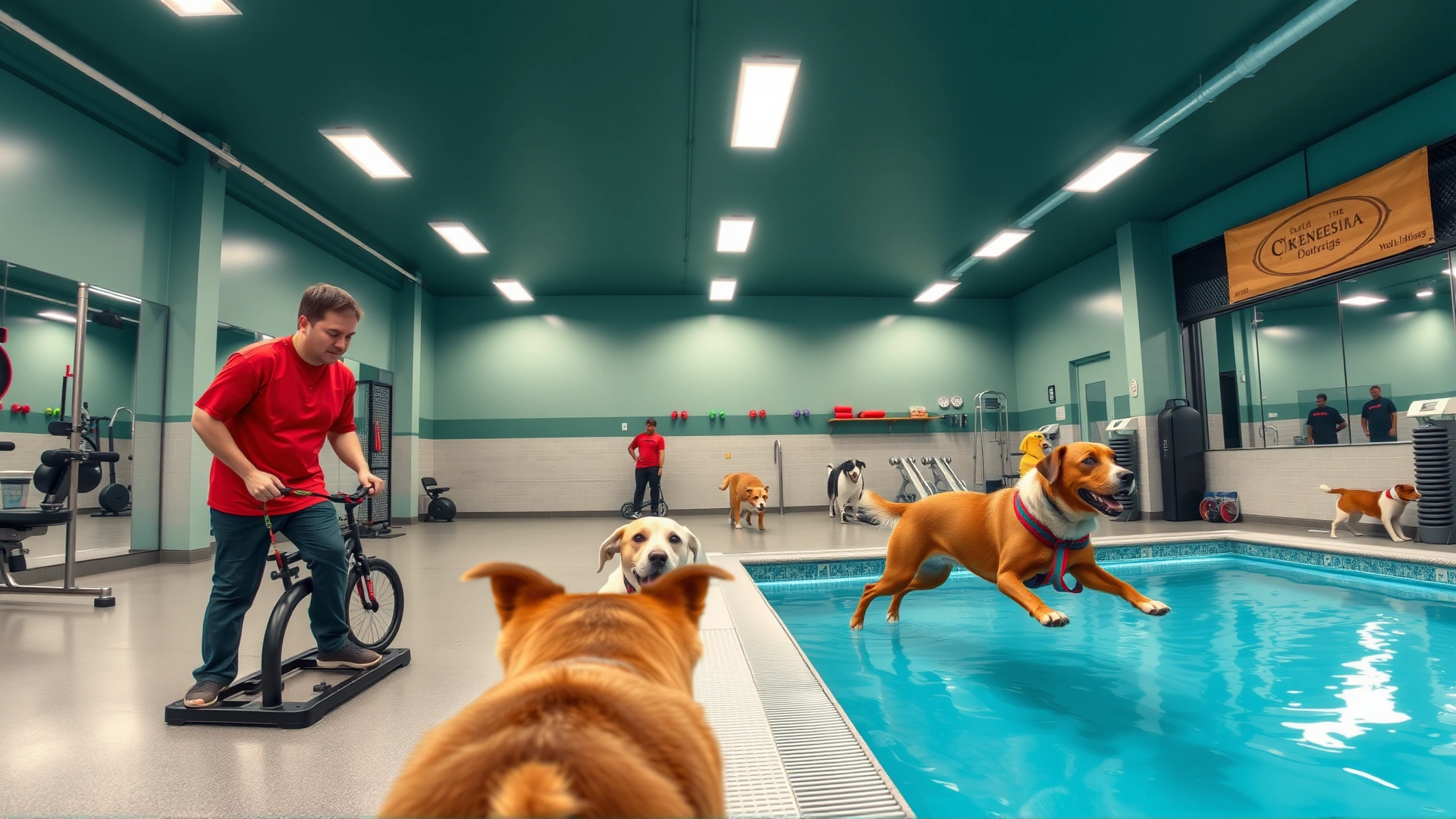 Wide-angle shot of an upscale canine fitness center interior showing a pool and various exercise equipment, no text on image, dogs and trainers in action