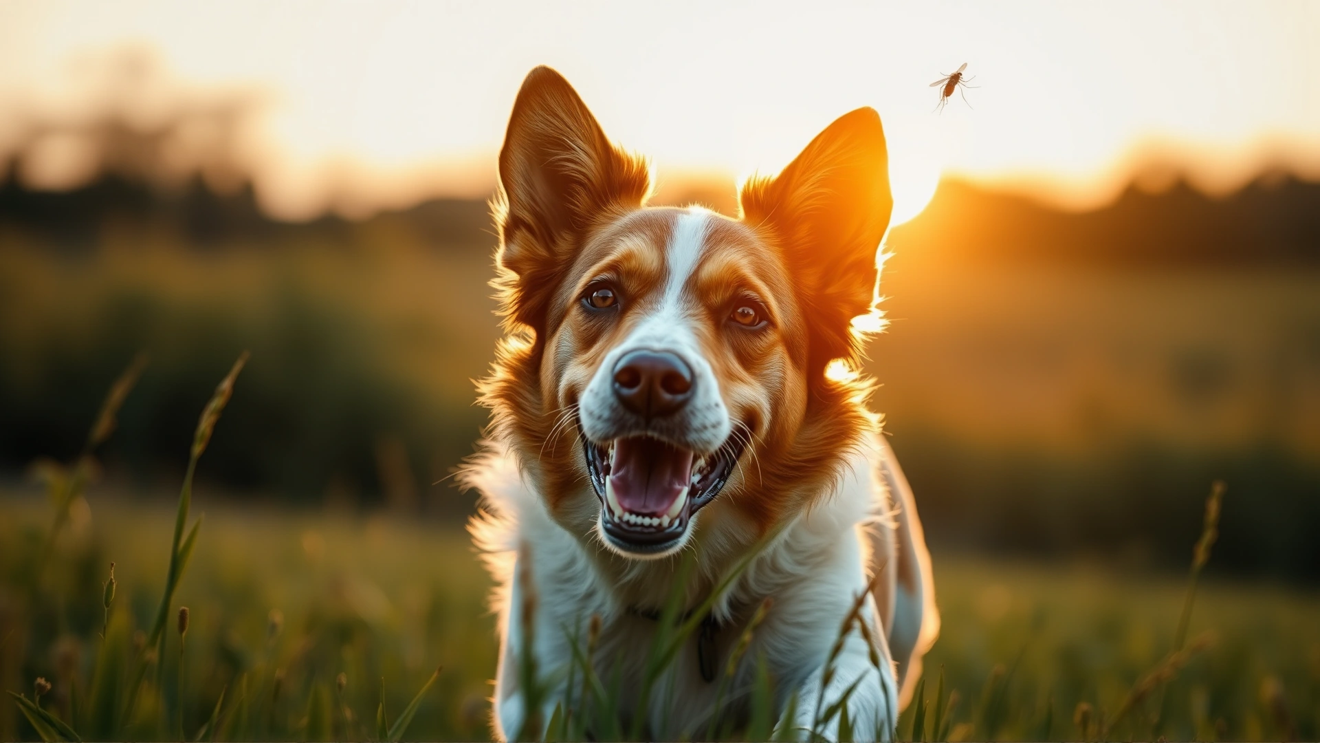 Close-up of a healthy dog running in a sunlit grassy field at golden hour with a faint silhouette of a mosquito in the sky, symbolizing freedom from heartworm disease.