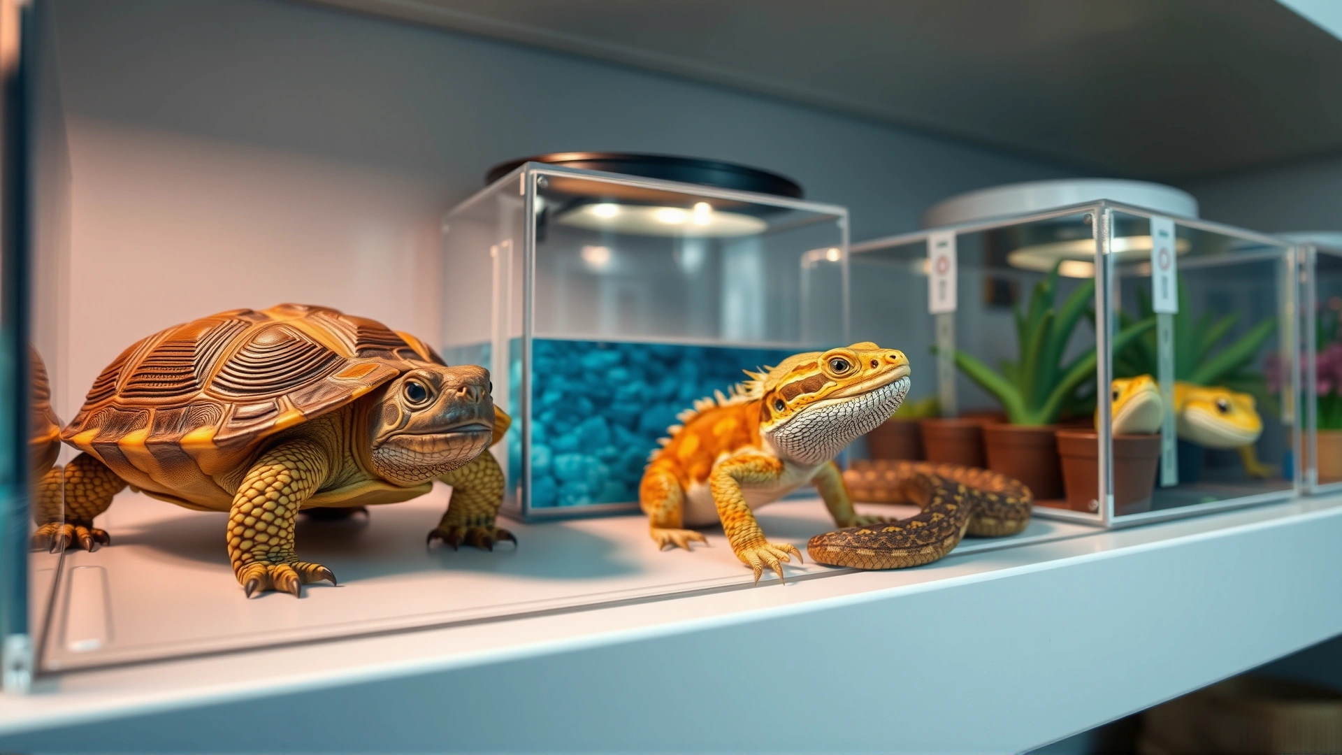 Wide shot of various pet reptiles (turtle, bearded dragon, small snake) in separate terrariums on a shelf, bright and inviting setting, no text