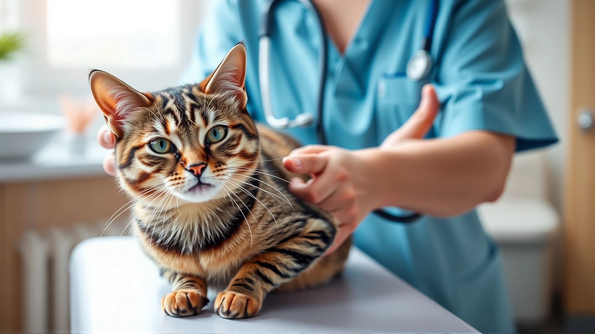 Wide banner image of a veterinarian holding a stethoscope while gently supporting a calm tabby cat on an exam table, bright clinic setting, depth of field background