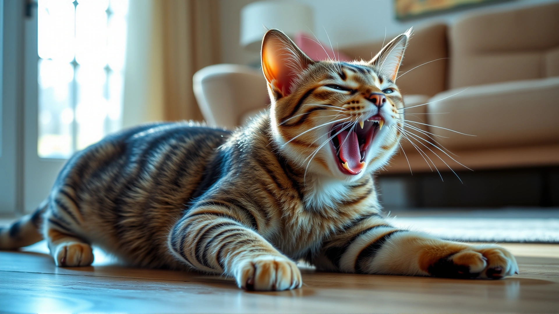 Domestic short-haired cat stretching and yawning in morning light on living room floor, suggesting early morning routine.