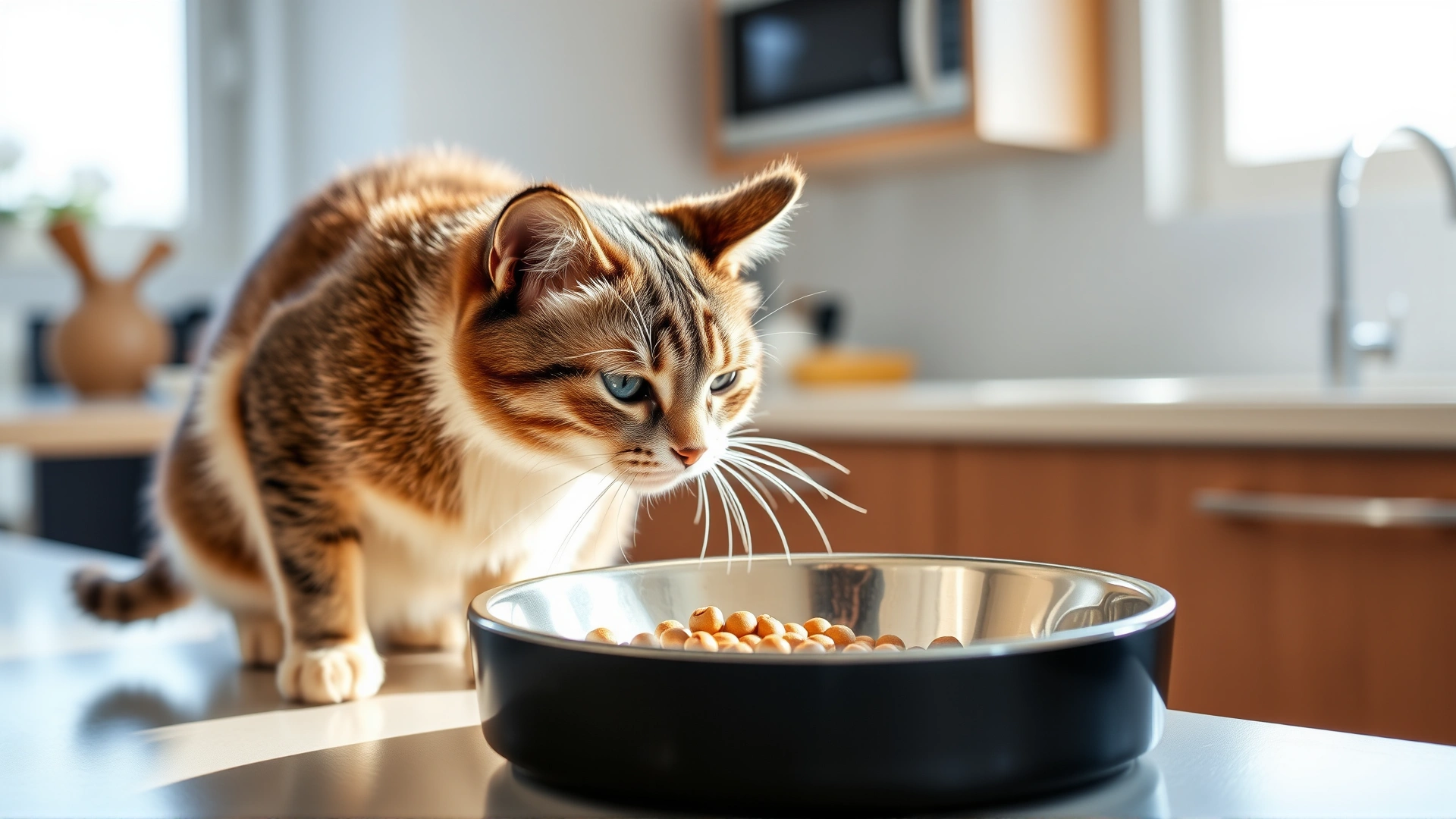 Domestic short-haired cat inspecting a food bowl on a modern kitchen counter under natural morning light.