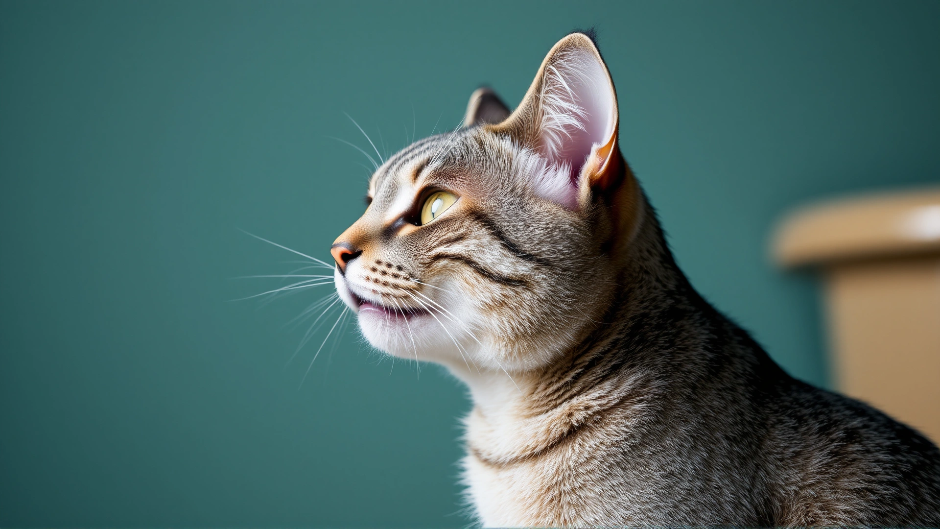 Side view of a grey domestic cat sitting calmly while breathing through slightly open mouth