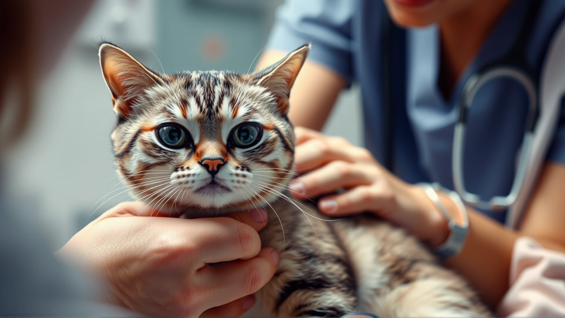 A worried domestic short-hair cat being examined by a veterinarian who is gently touching the cat’s abdomen, clinic setting, soft lighting