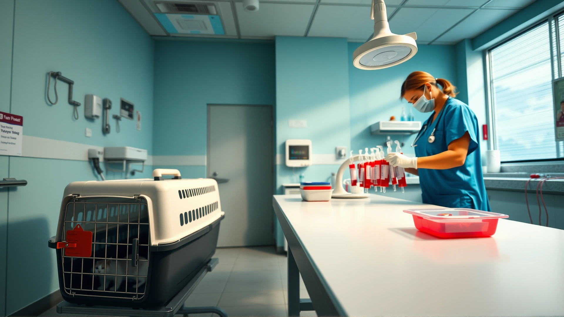 Wide shot of a modern veterinary clinic where a veterinarian prepares refrigerated blood bags on a sterile table, with a curious cat carrier in the foreground, bright clinical lighting.