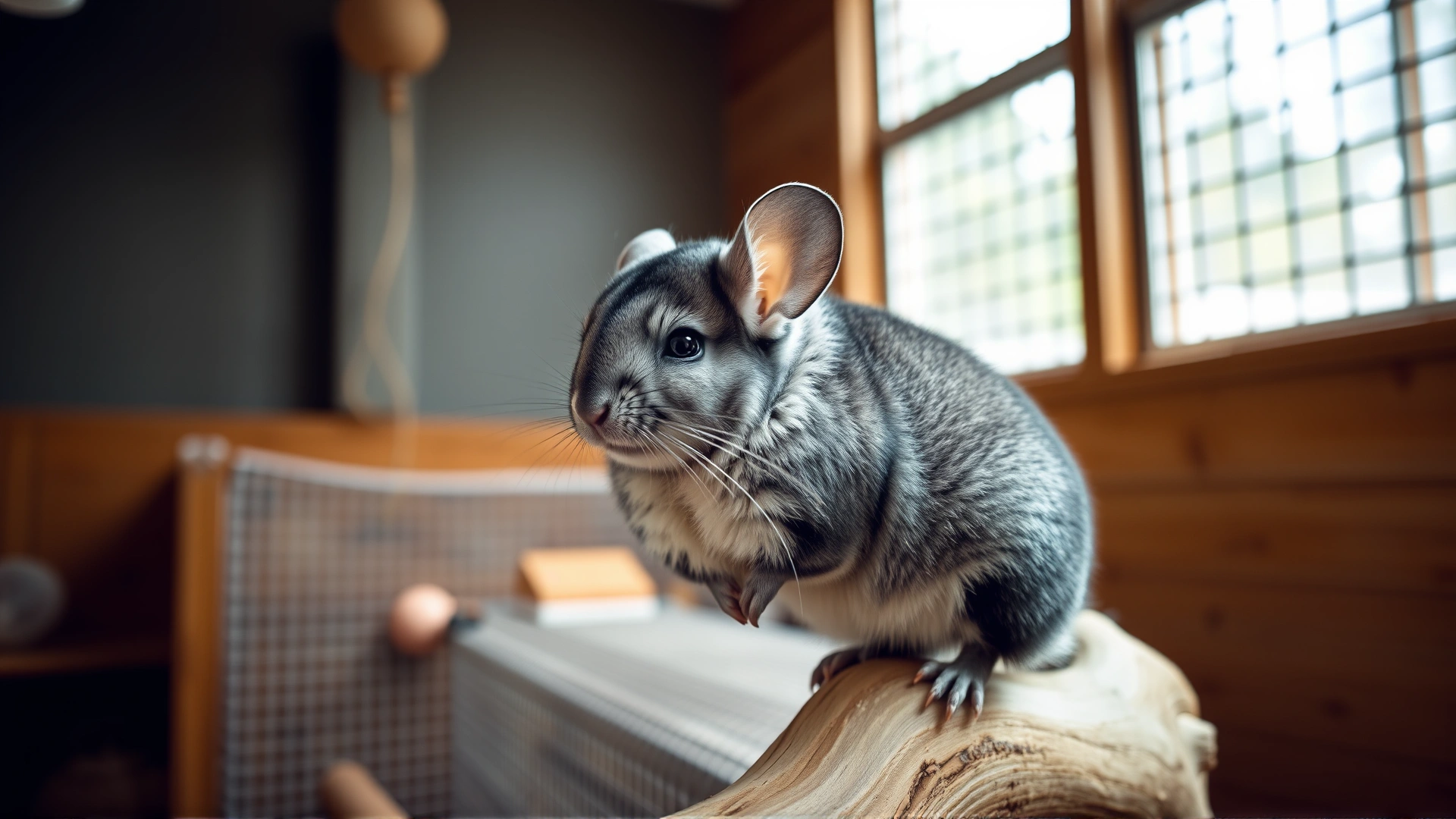 Playful chinchilla standing on a wooden branch inside a spacious enclosure, soft natural light, high-resolution photo