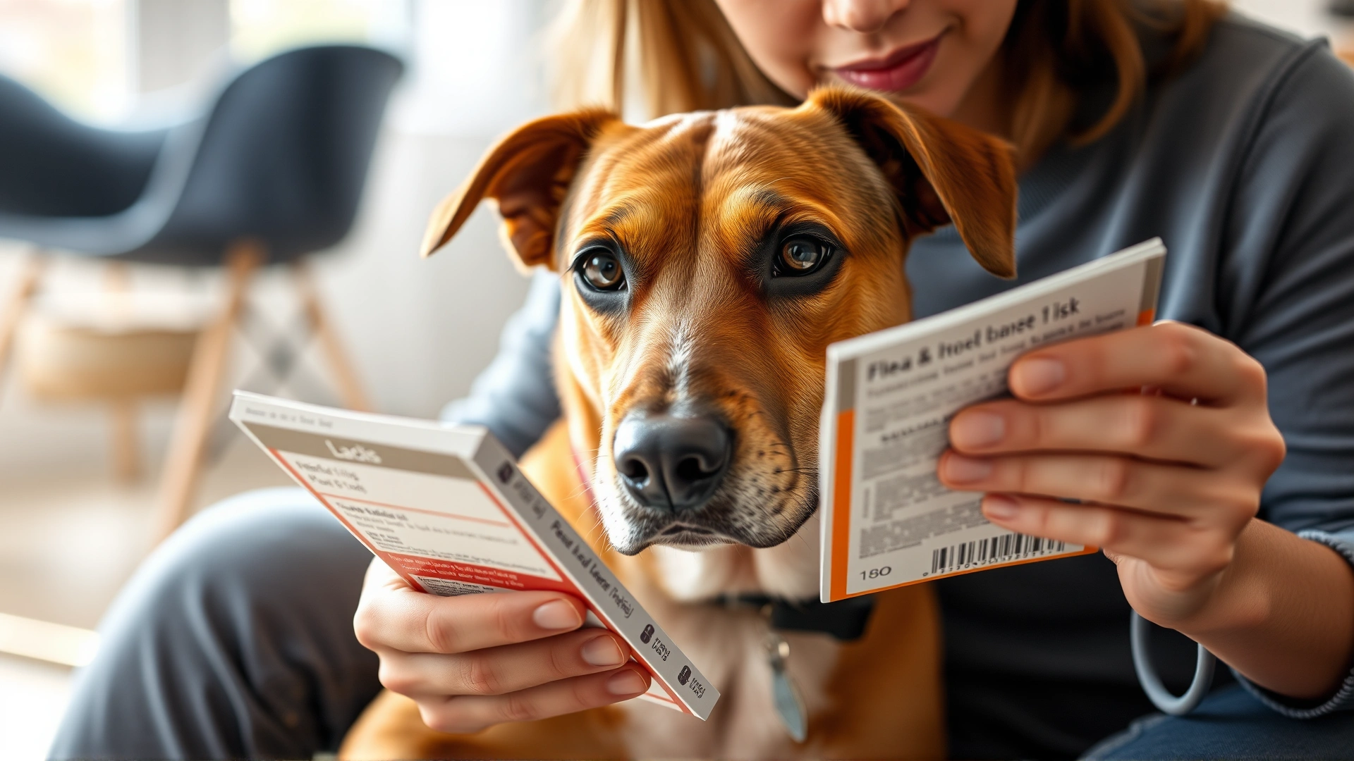 Close-up of a concerned dog owner reading a flea and tick medication label next to their dog in a bright home setting, no text