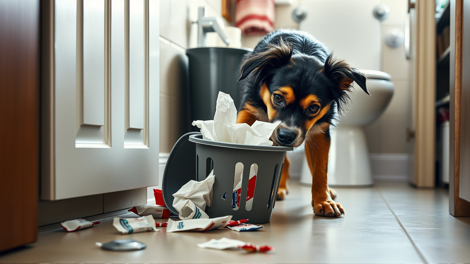 A mischievous dog knocking over a small bathroom bin with tissues and wrappers scattered on the floor, natural lighting, candid moment.