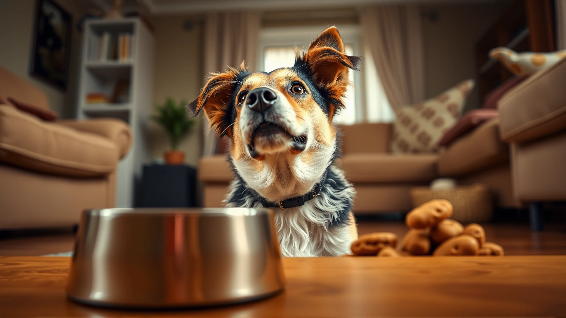 Playful dog looking up with anticipation beside an empty food bowl in a cozy living room, warm lighting.