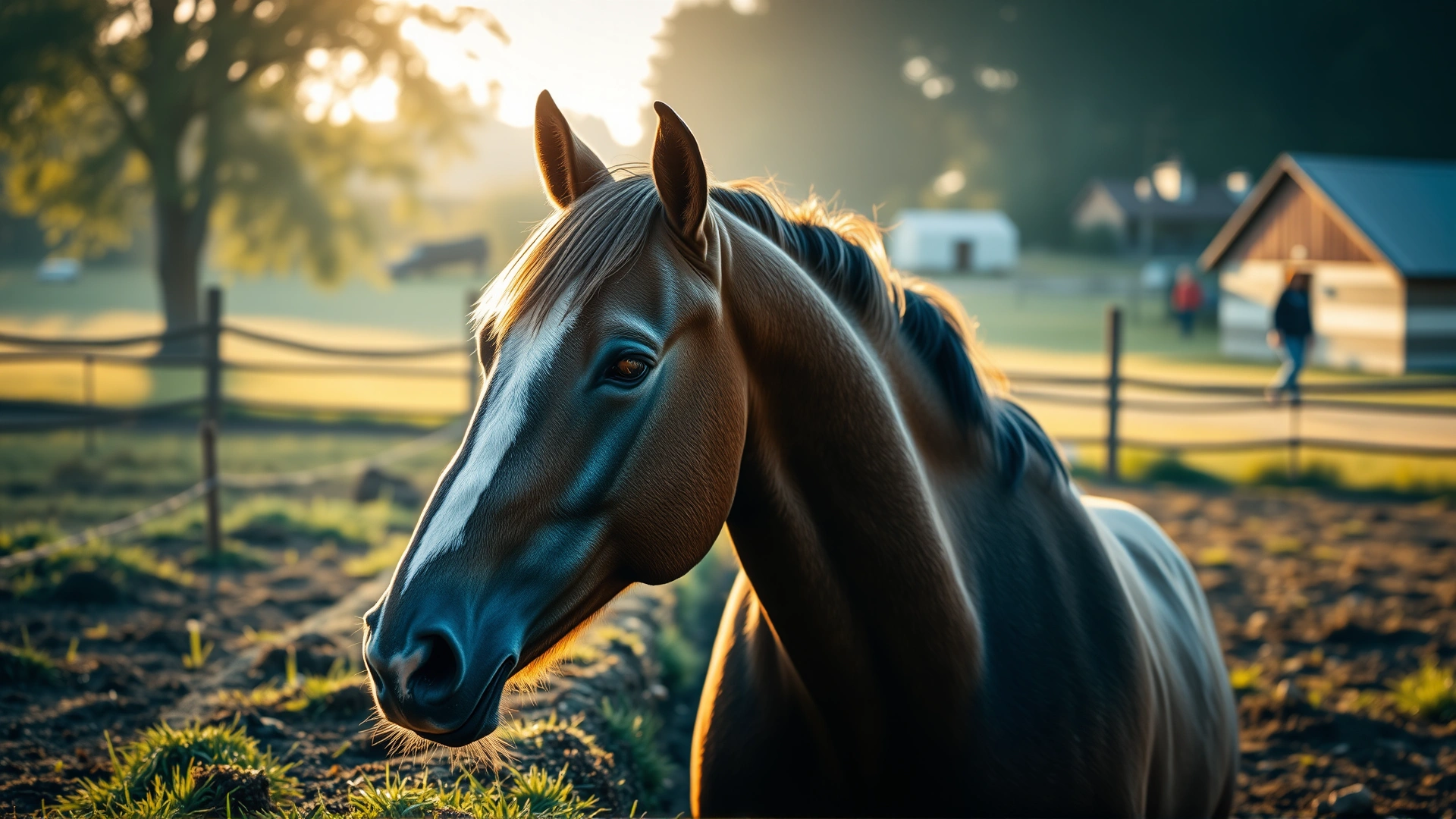A serene farm scene in soft morning light with a healthy horse grazing peacefully, symbolizing equine well-being