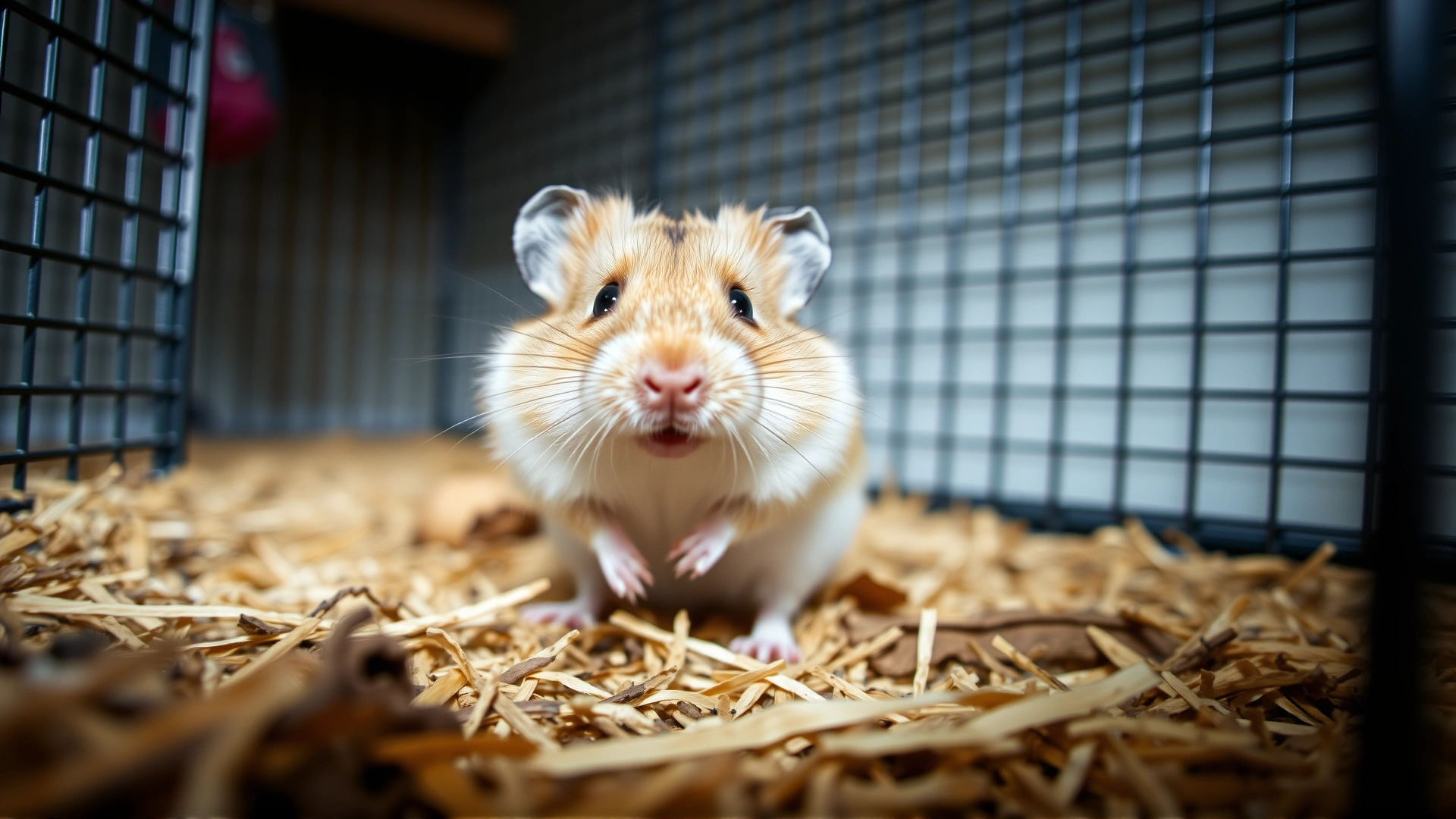 Cute close-up photo of a curious Syrian hamster standing on wood-shaving bedding inside its cage, looking directly at the camera, natural lighting, no text.