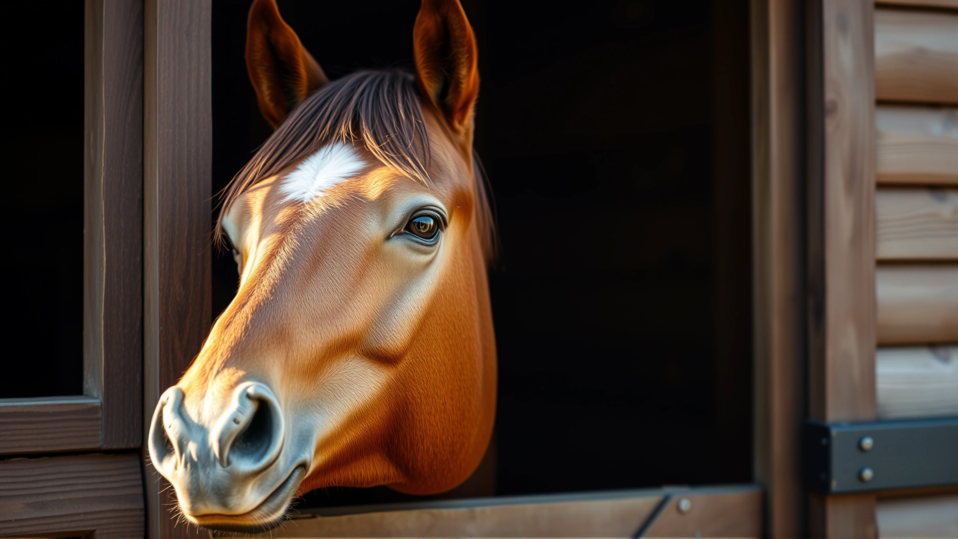 Close-up of a calm bay horse looking out from a clean wooden stable doorway, soft morning light illuminating its face.