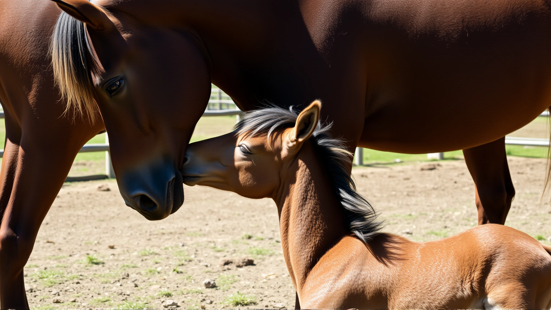 A wide-angle shot of a healthy mare nuzzling her foal in a sunny paddock, symbolizing successful breeding