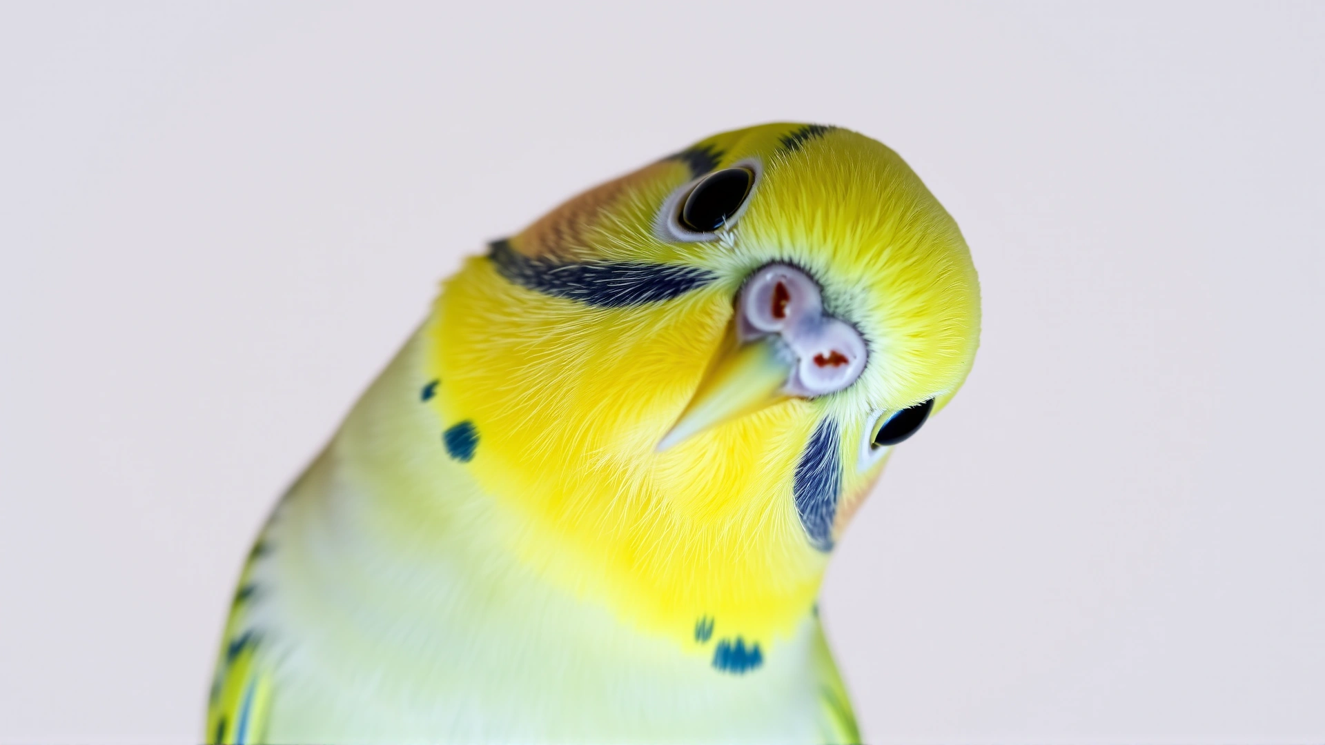 Close-up of a cheerful budgerigar tilting its head inquisitively against a bright, neutral background, showing vivid plumage and clear eyes