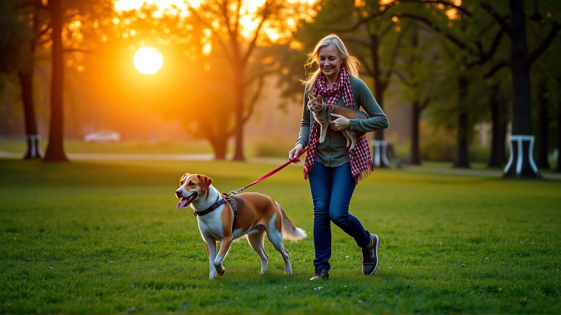 Owner walking a lean dog on a leash while carrying a cat in a green park at sunset, illustrating an active lifestyle.