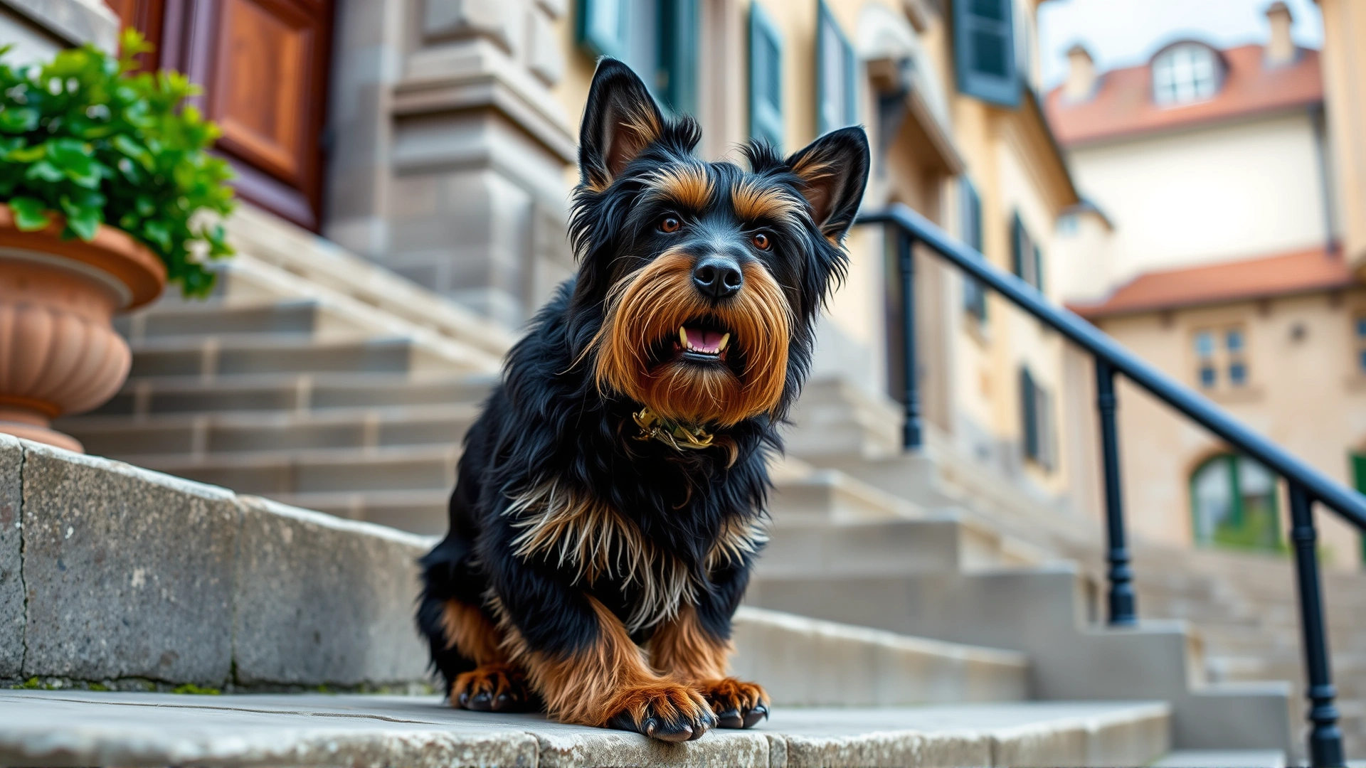 A poised adult Lowchen dog sitting on stone steps of a historic European building, slight smile, natural daylight