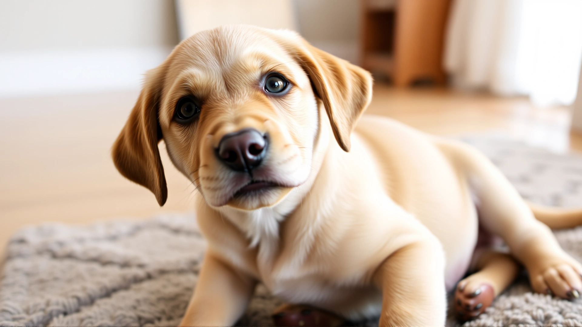 Playful Labrador puppy with tilted head and expressive eyes, sitting on a cozy rug in daylight—visual introduction to the topic of puppy communication.