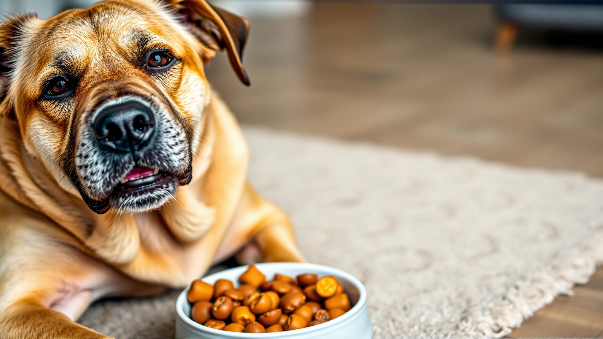 Close-up of an elderly mixed-breed dog with grey muzzle looking contentedly at camera while sitting beside a bowl of food on a soft rug.