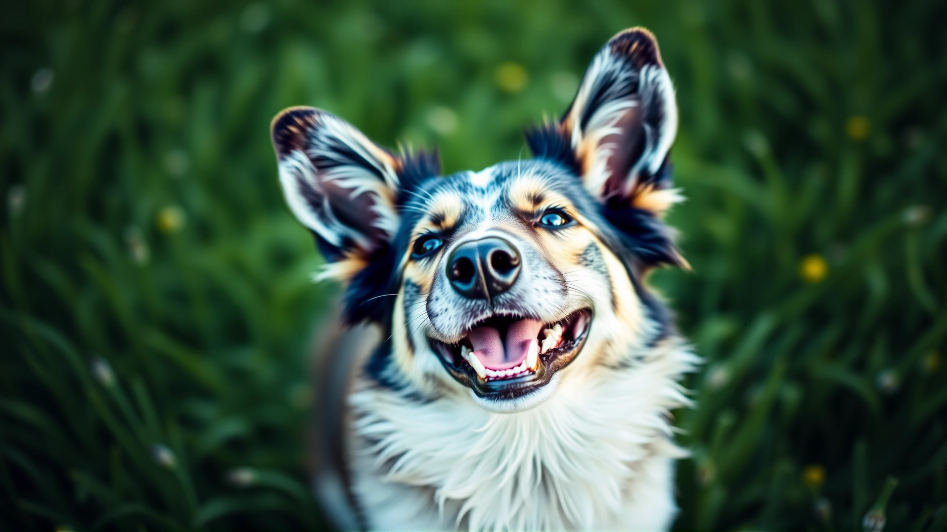 Close-up friendly Norwegian Lundehund smiling in a green meadow, focus on the dog's unique ears and coat texture, bright daylight