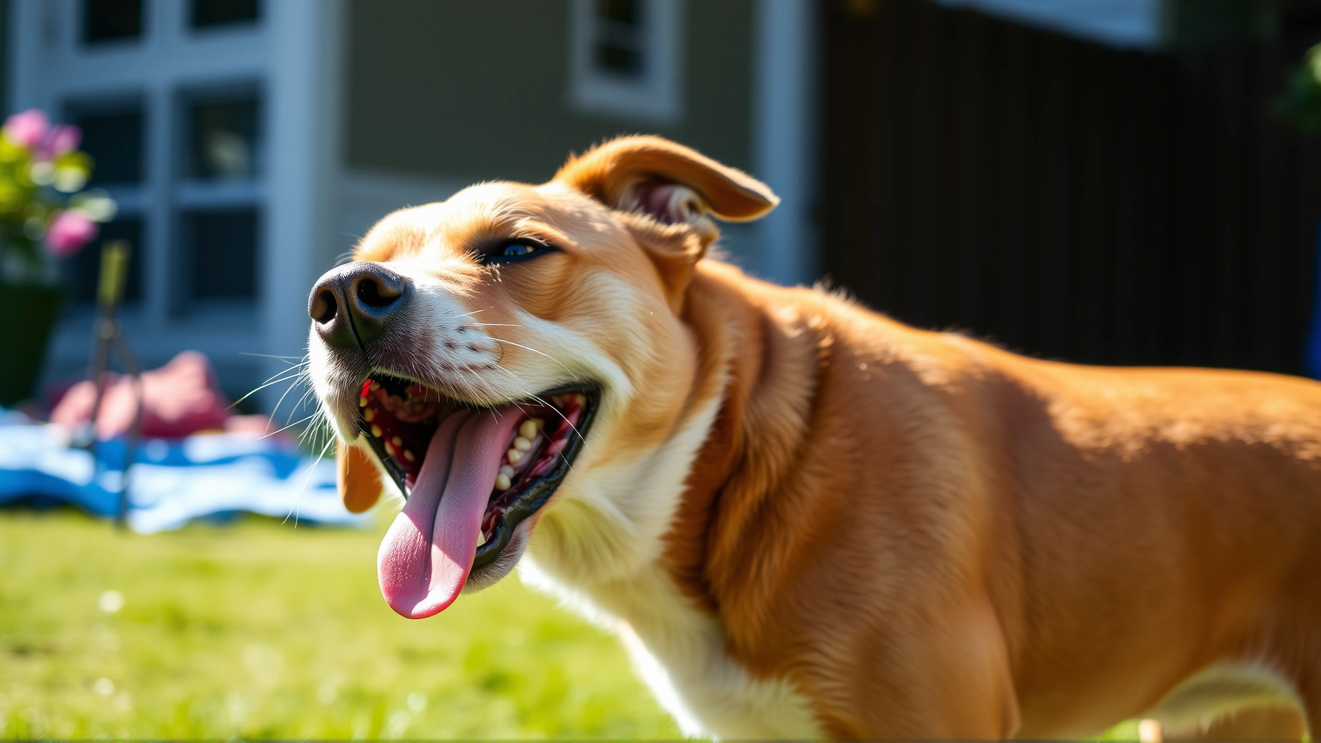 Medium shot of a playful dog scratching its neck in a sunny backyard, illustrating early signs of flea infestation, high quality
