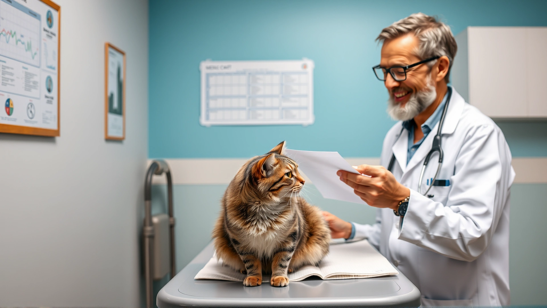 Veterinarian smiling while explaining a medical chart to a cat owner, with the cat calmly sitting on the exam table in a well-lit clinic