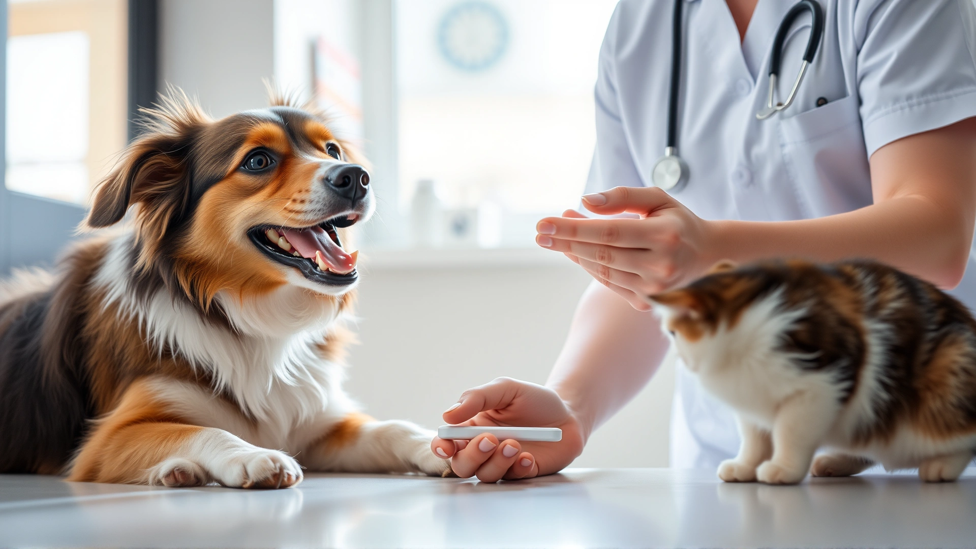 Bright, welcoming veterinary clinic scene with a veterinarian gently giving a small white tablet to a happy mixed-breed dog while a curious cat watches, wide-angle shot, natural light.