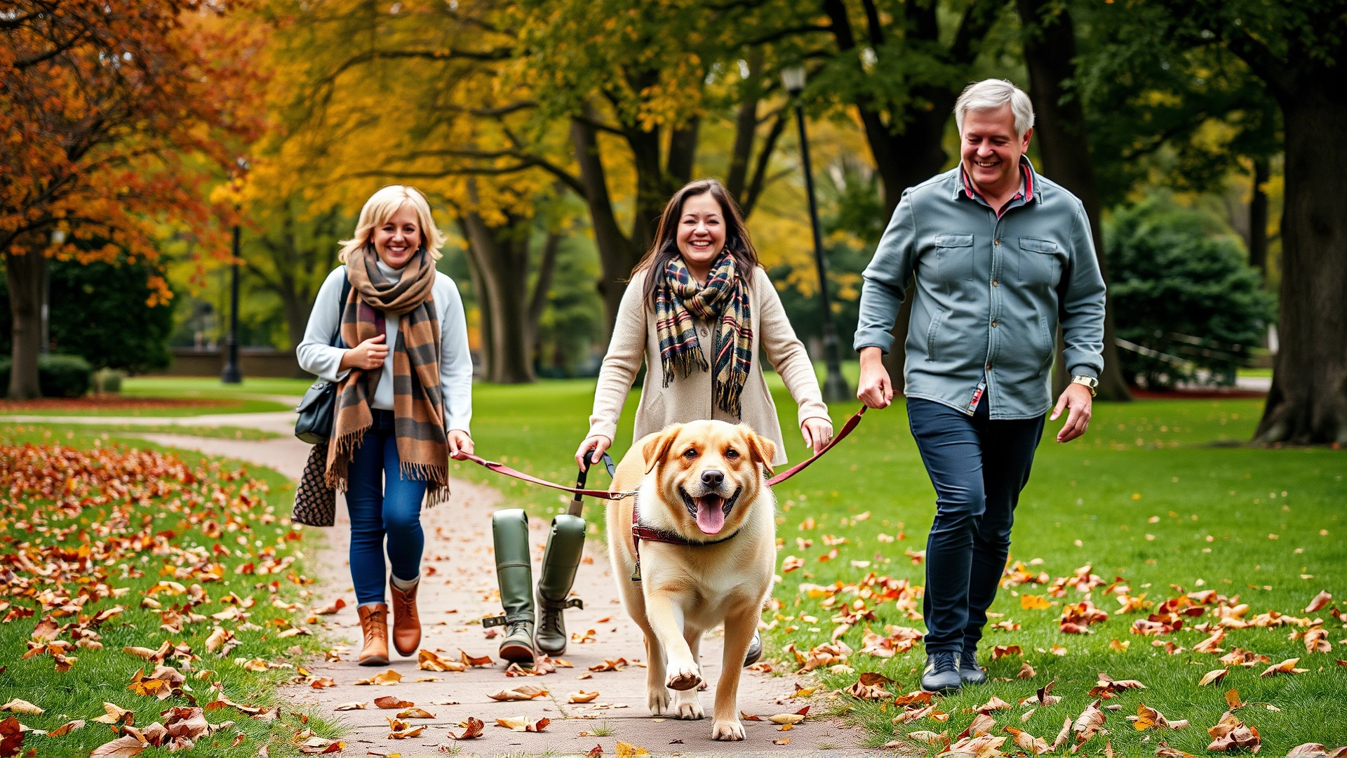 Happy family walking with their senior mixed-breed dog in a park during autumn, leaves falling, friendly atmosphere.