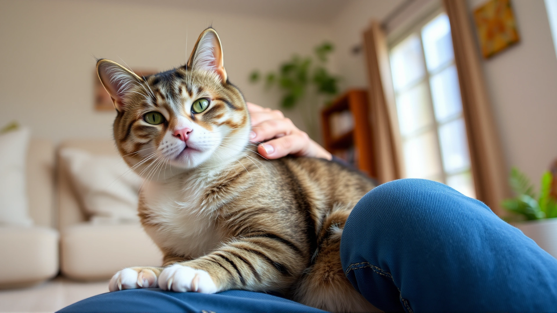 Friendly domestic cat calmly sitting on owner's lap in a bright living room, owner gently stroking the cat to create a reassuring atmosphere.