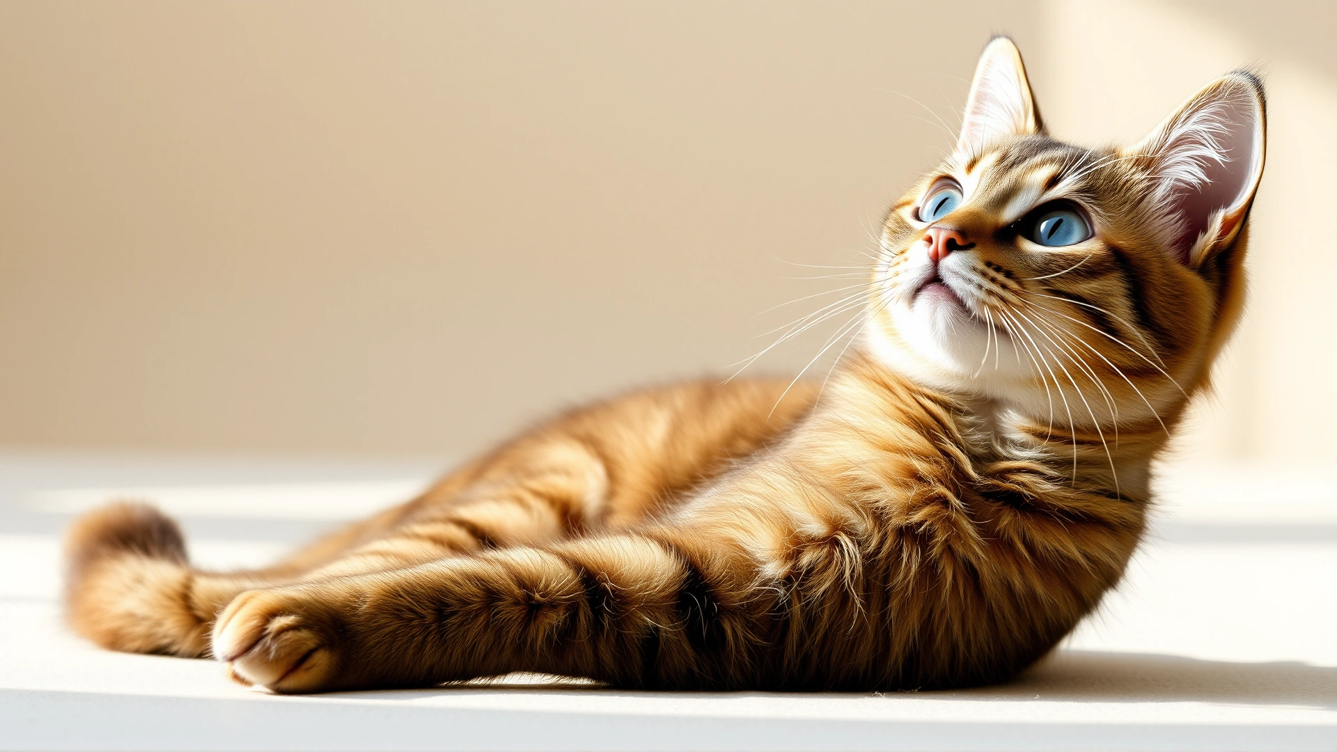Healthy domestic shorthair cat sitting and looking up with curiosity on a neutral background, soft natural light, high-resolution photo