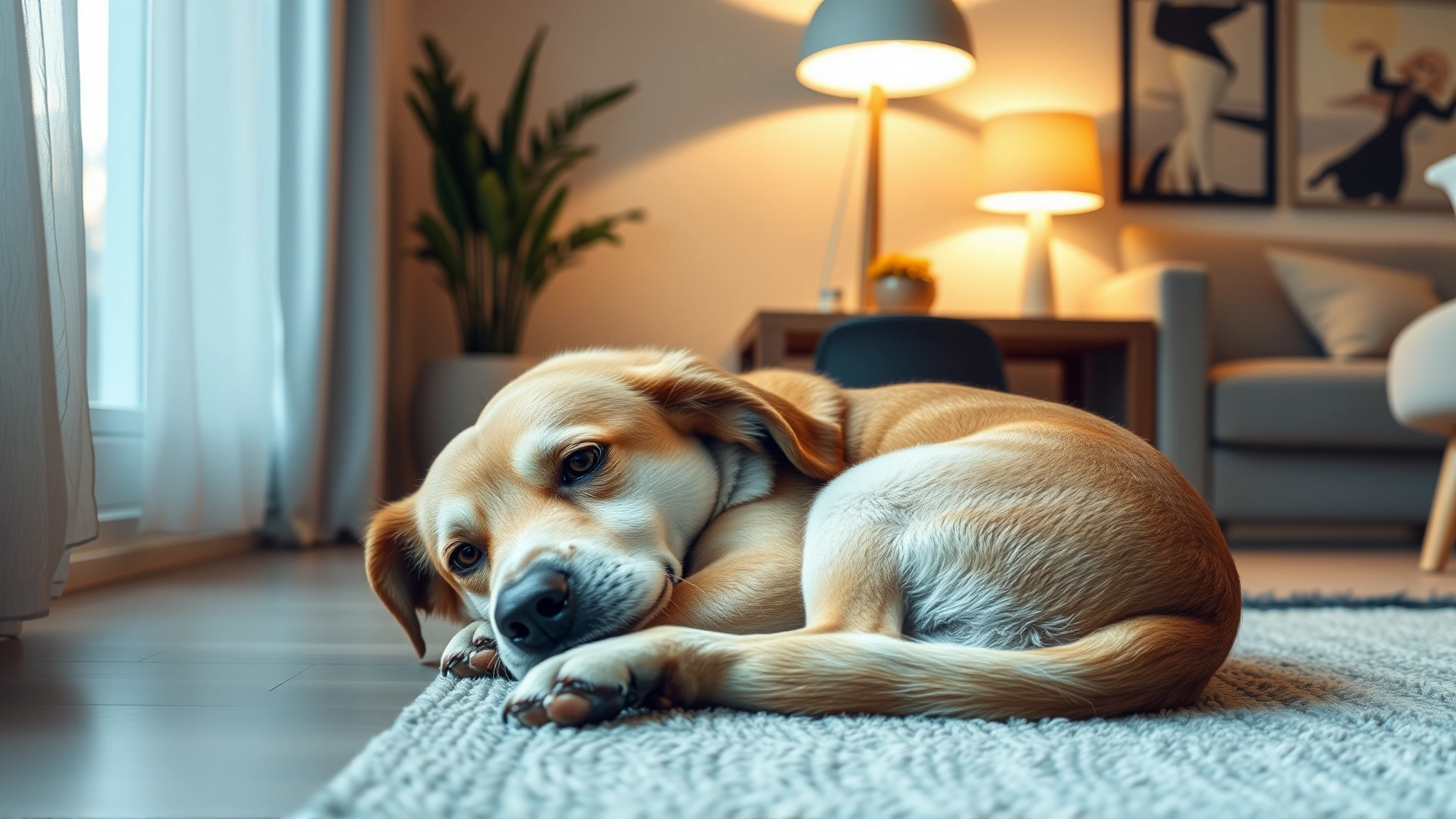 A calm medium-sized dog curled up in a modern living room corner with soft lighting and neutral decor, conveying a quiet atmosphere